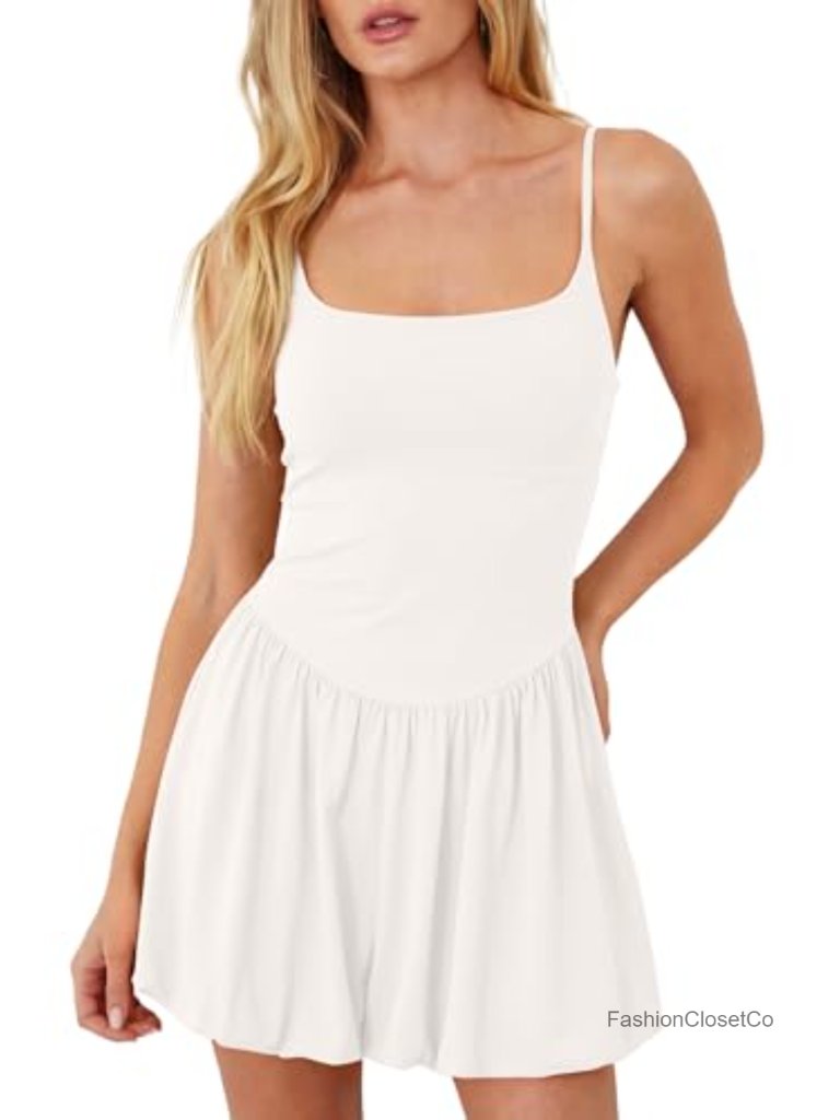 Women's Adjustable Spaghetti Strap Mini Bubble Dress With Built-In Shorts